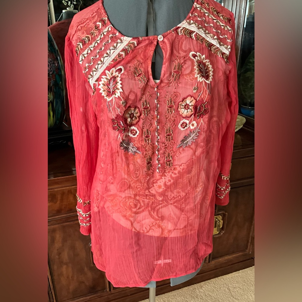 Embroidered Coral Sheer Tunic Top